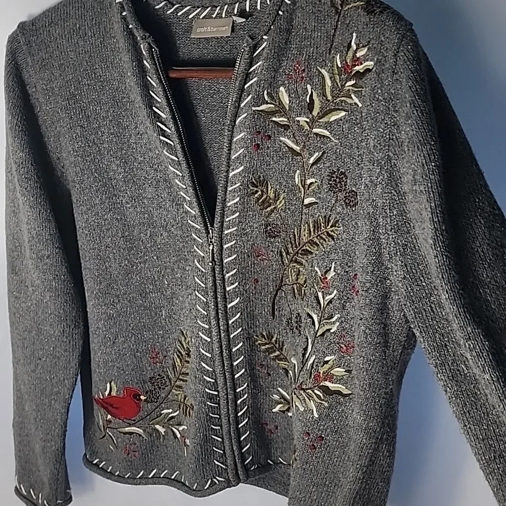 Cardinal Embroidered Sweater Pinecones Cardinal Zip Front